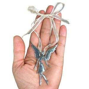 Vintage Silver Metal Cherished Friend Angel Christmas Ornament/ Brooch Lapel Pin